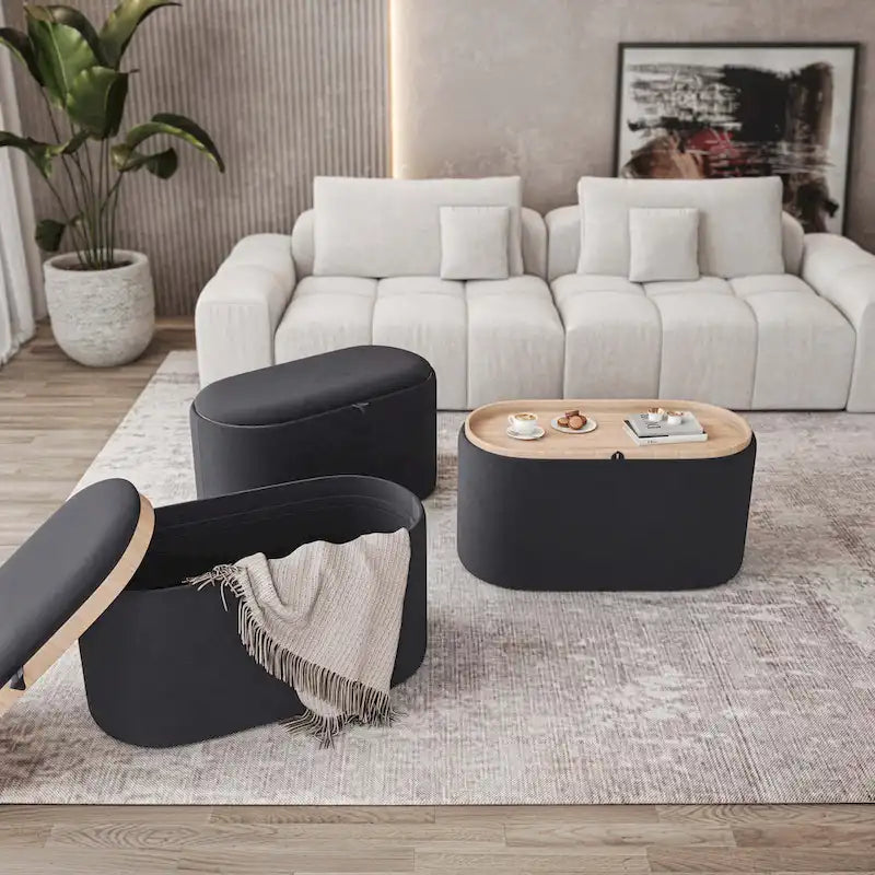 Black Linen Storage Ottoman with Reversible Tray Top, Seats 1