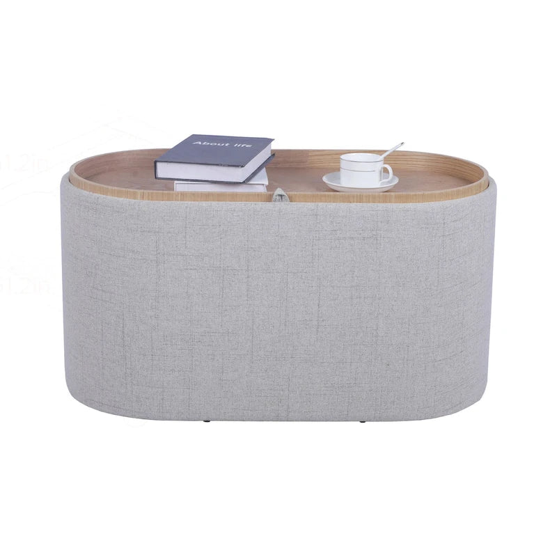 Black Linen Storage Ottoman with Reversible Tray Top, Seats 1