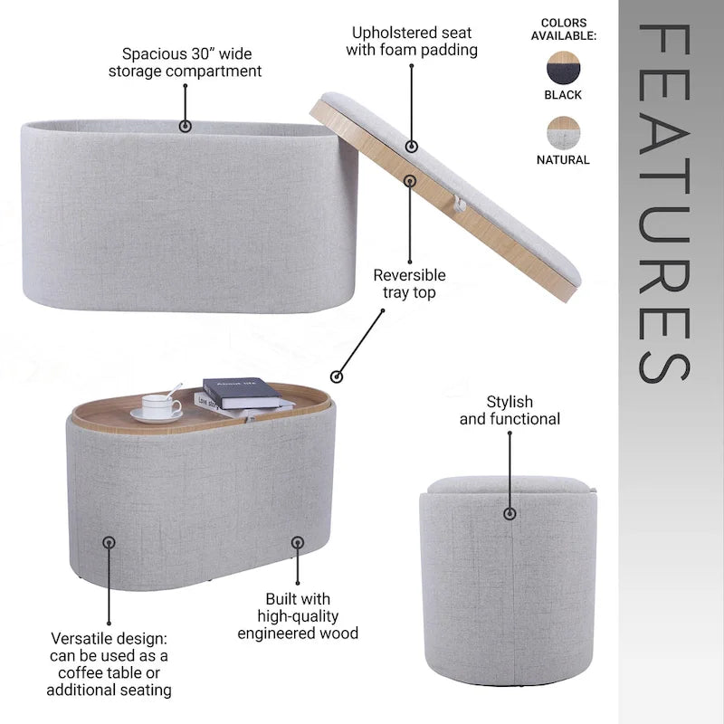 Black Linen Storage Ottoman with Reversible Tray Top, Seats 1