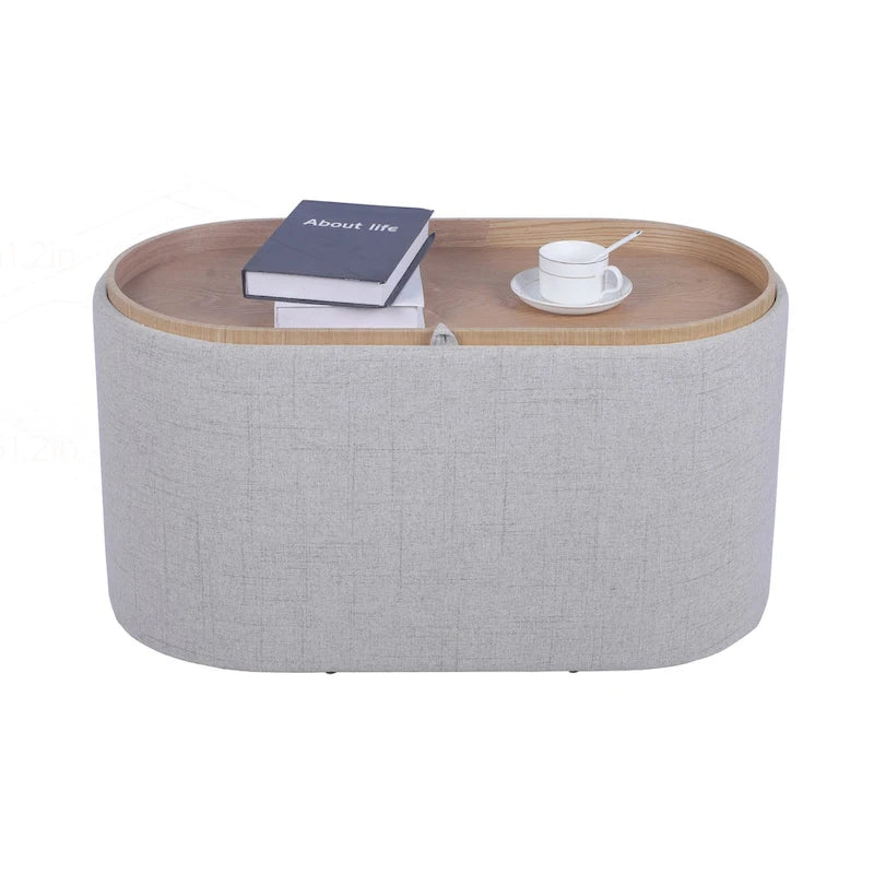 Black Linen Storage Ottoman with Reversible Tray Top, Seats 1