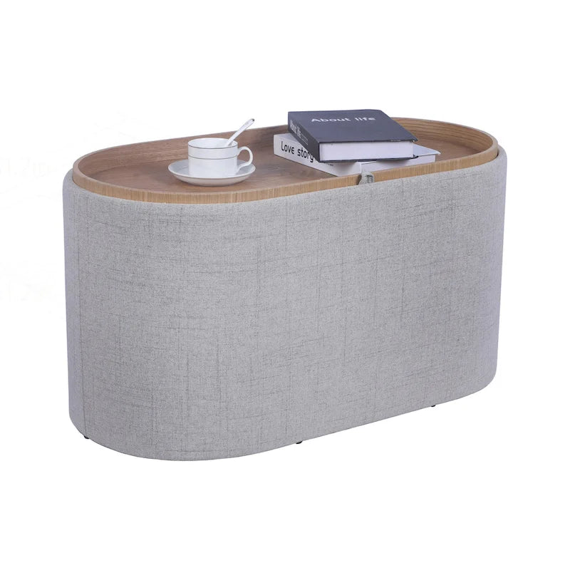 Black Linen Storage Ottoman with Reversible Tray Top, Seats 1