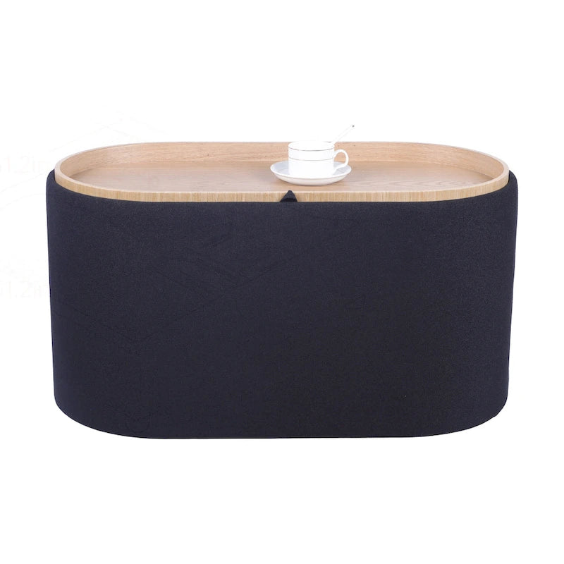 Black Linen Storage Ottoman with Reversible Tray Top, Seats 1