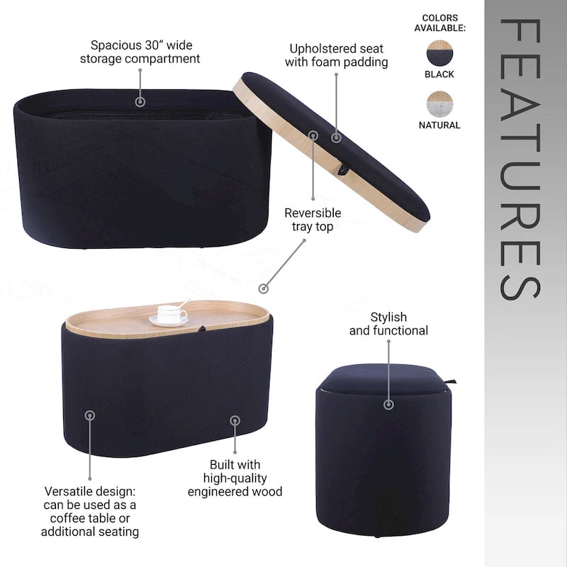 Black Linen Storage Ottoman with Reversible Tray Top, Seats 1