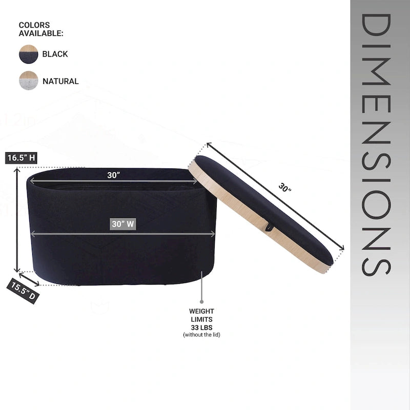 Black Linen Storage Ottoman with Reversible Tray Top, Seats 1