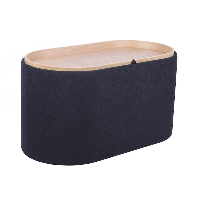 Black Linen Storage Ottoman with Reversible Tray Top, Seats 1