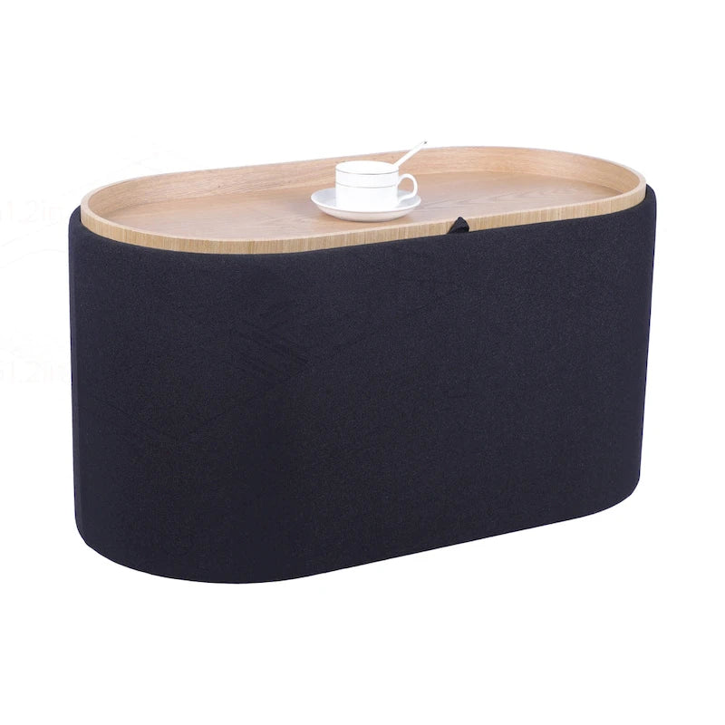 Black Linen Storage Ottoman with Reversible Tray Top, Seats 1