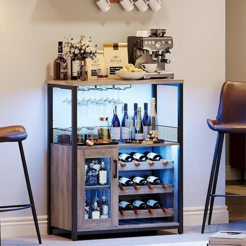 Wine Bar Cabinet with LED Light | Brown & Grey | Fits 1 | 27.2"W