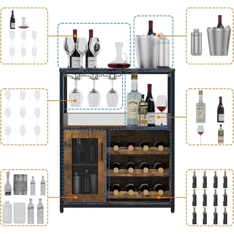 Wine Bar Cabinet with LED Light | Brown & Grey | Fits 1 | 27.2"W