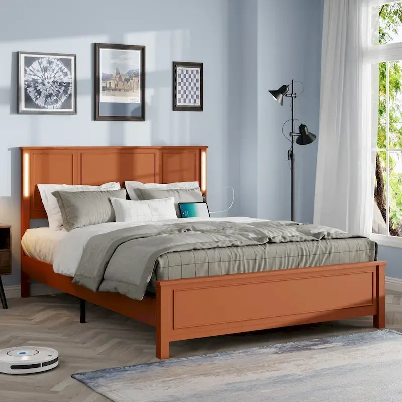 Brown/White Queen Platform Bed with LED Headboard & USB Charging – Fits 2