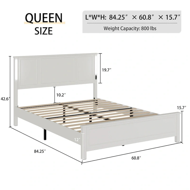Brown/White Queen Platform Bed with LED Headboard & USB Charging – Fits 2