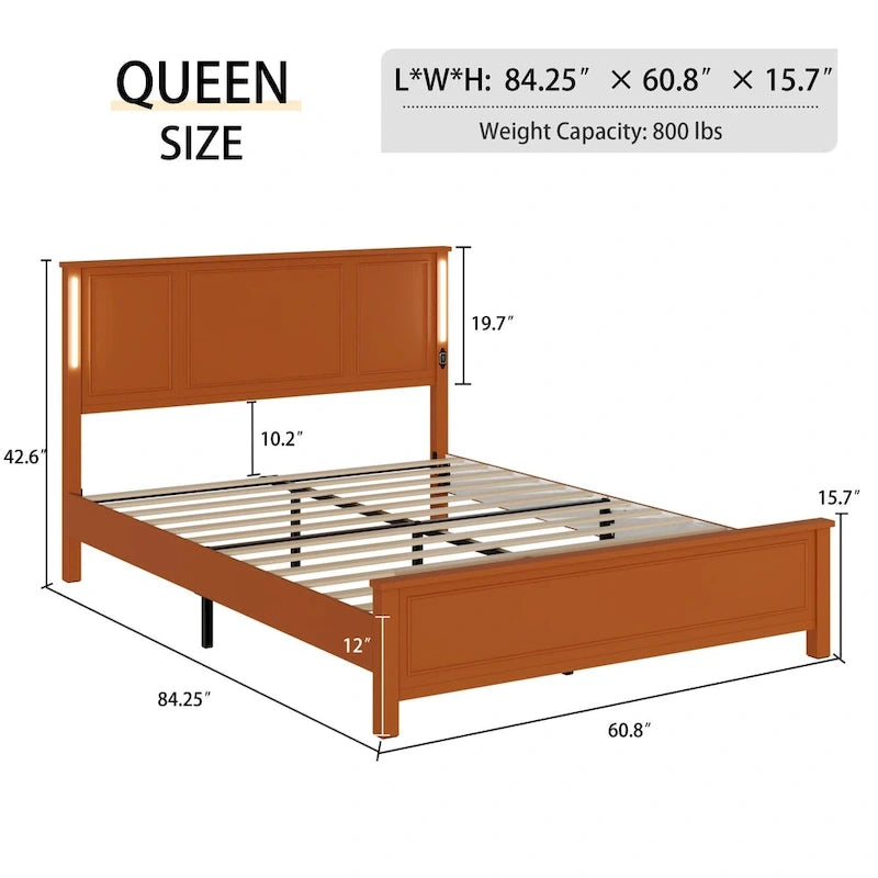 Brown/White Queen Platform Bed with LED Headboard & USB Charging – Fits 2