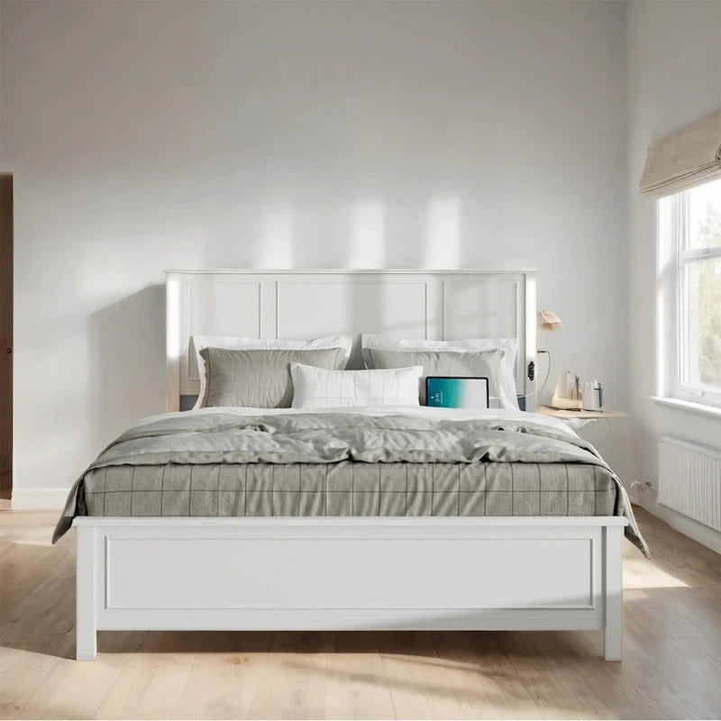Brown/White Queen Platform Bed with LED Headboard & USB Charging – Fits 2