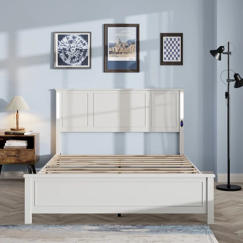 Brown/White Queen Platform Bed with LED Headboard & USB Charging – Fits 2