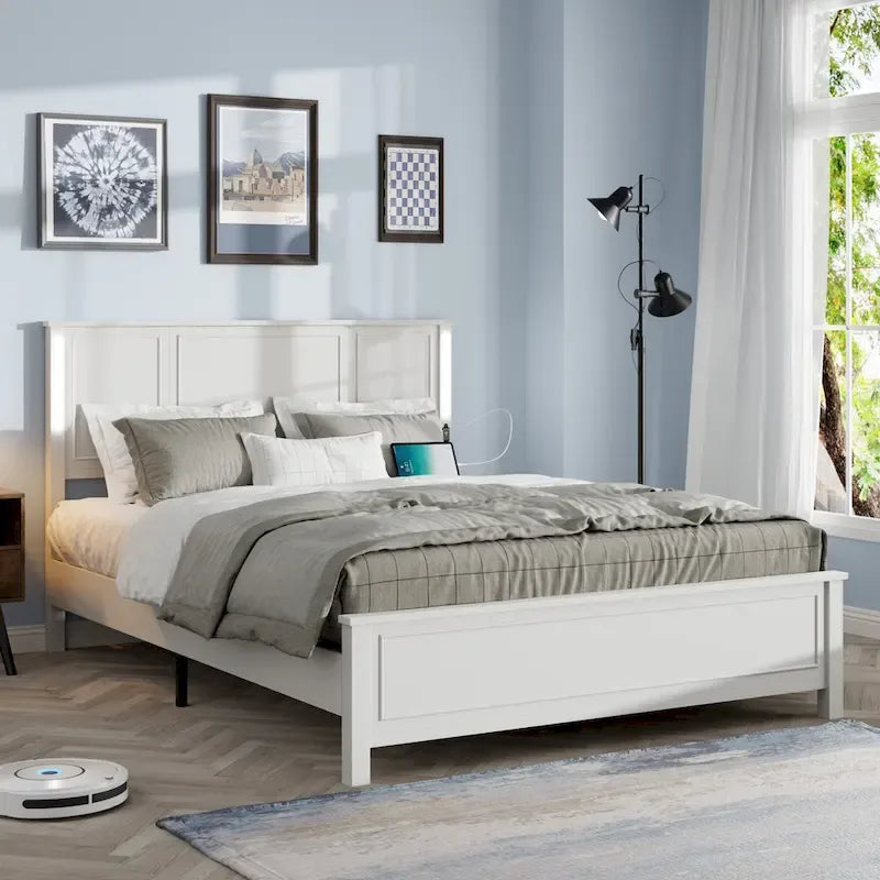 Brown/White Queen Platform Bed with LED Headboard & USB Charging – Fits 2