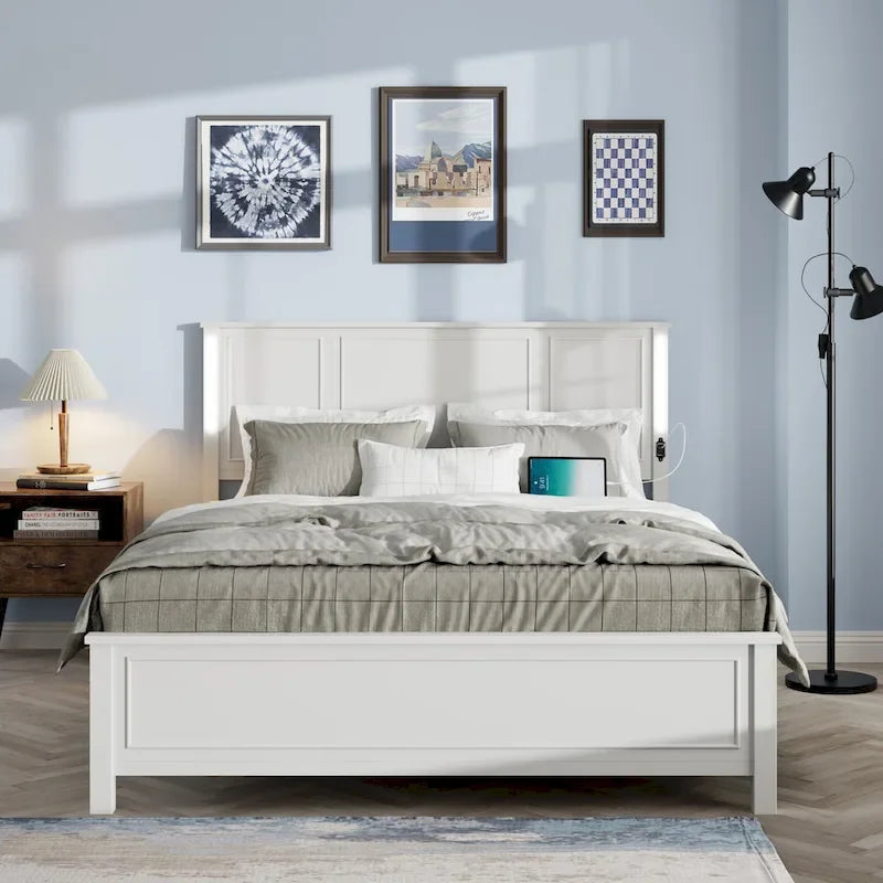 Brown/White Queen Platform Bed with LED Headboard & USB Charging – Fits 2