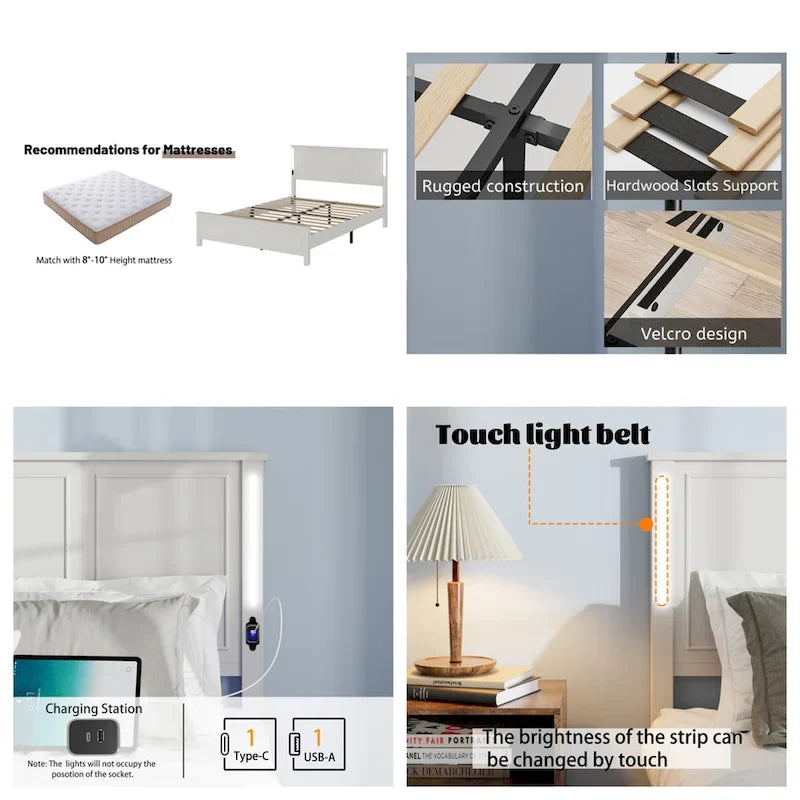 Brown/White Queen Platform Bed with LED Headboard & USB Charging – Fits 2