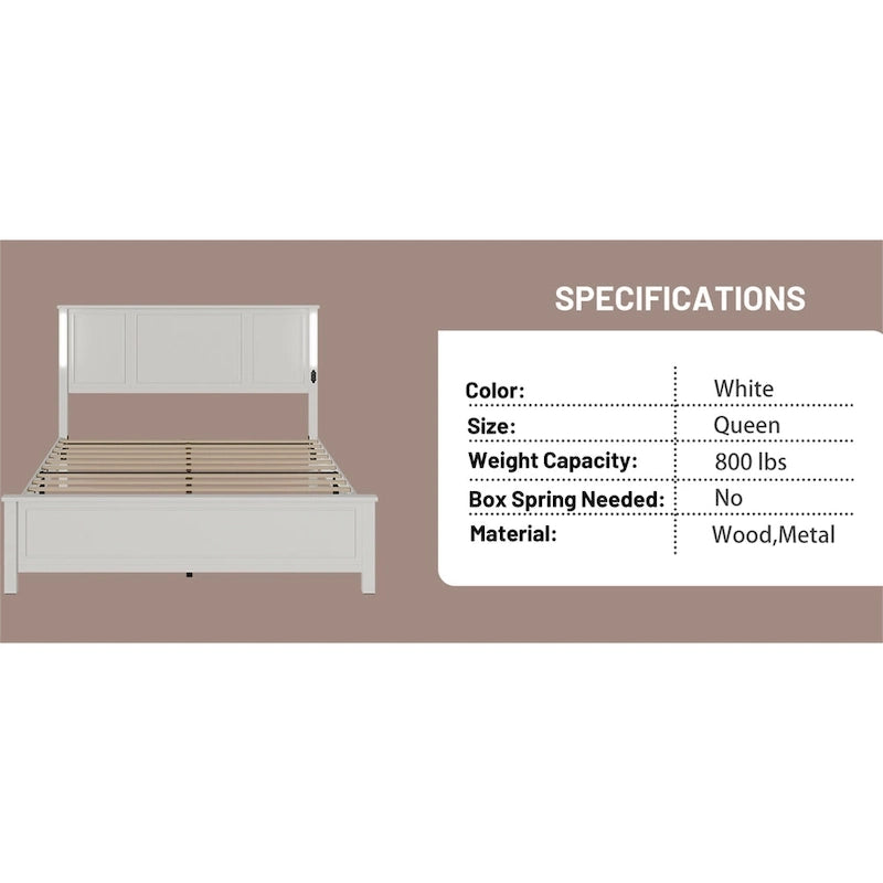 Brown/White Queen Platform Bed with LED Headboard & USB Charging – Fits 2