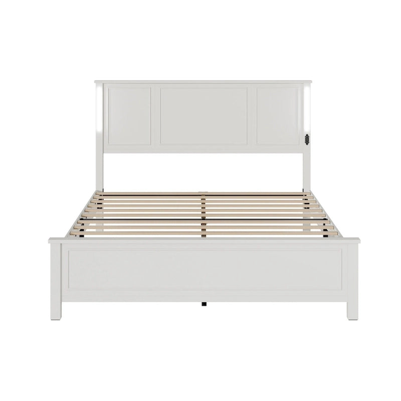 Brown/White Queen Platform Bed with LED Headboard & USB Charging – Fits 2