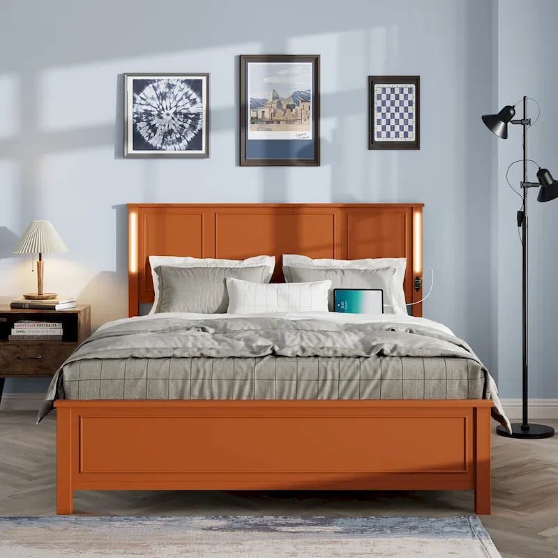 Brown/White Queen Platform Bed with LED Headboard & USB Charging – Fits 2