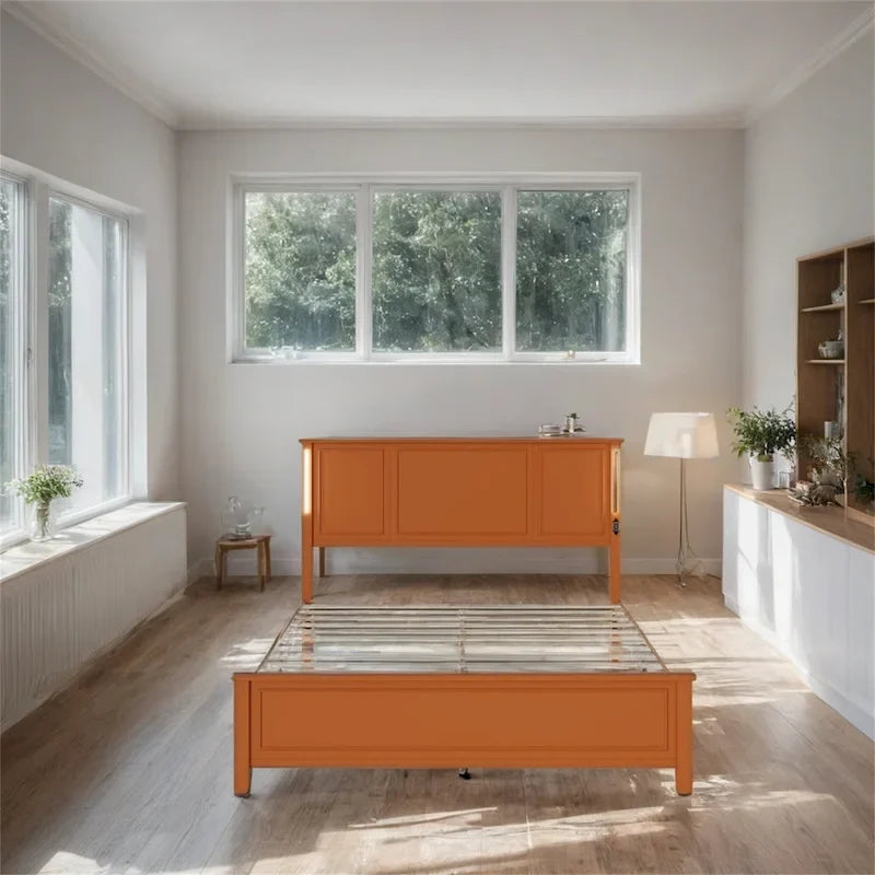 Brown/White Queen Platform Bed with LED Headboard & USB Charging – Fits 2