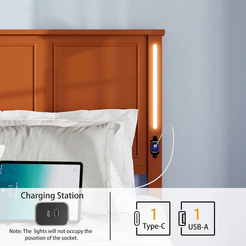 Brown/White Queen Platform Bed with LED Headboard & USB Charging – Fits 2