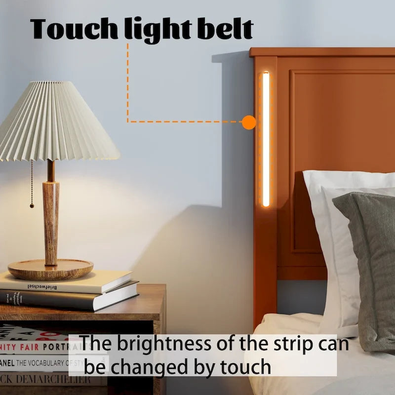 Brown/White Queen Platform Bed with LED Headboard & USB Charging – Fits 2