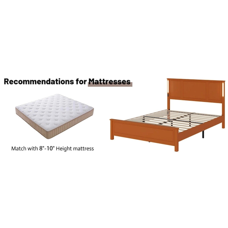 Brown/White Queen Platform Bed with LED Headboard & USB Charging – Fits 2