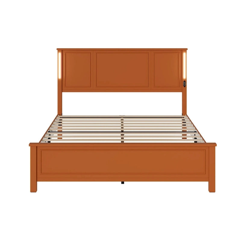 Brown/White Queen Platform Bed with LED Headboard & USB Charging – Fits 2