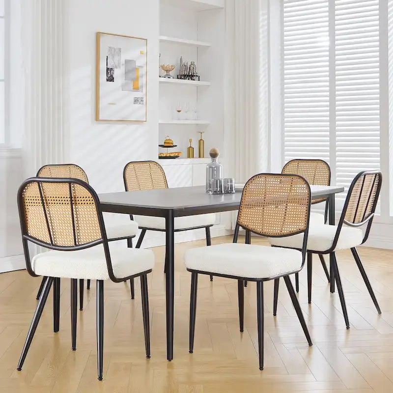 White / Black / Green Armless Dining Chair, Rattan Back & Boucle Seat, Set of 2 / 4 / 6