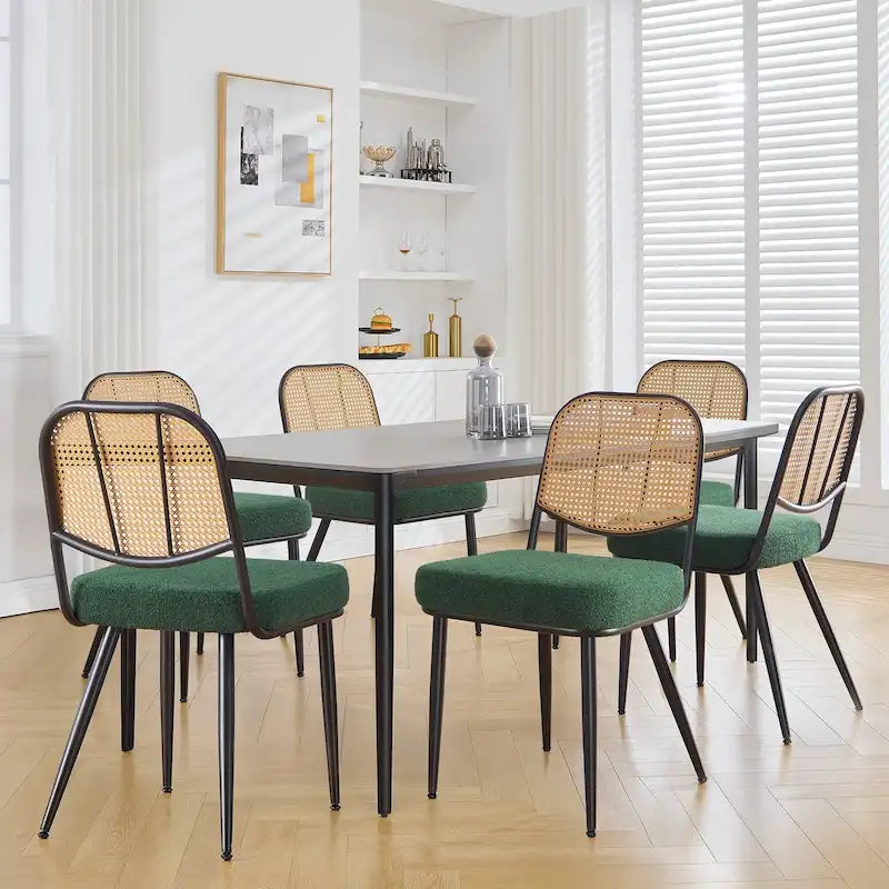 White / Black / Green Armless Dining Chair, Rattan Back & Boucle Seat, Set of 2 / 4 / 6