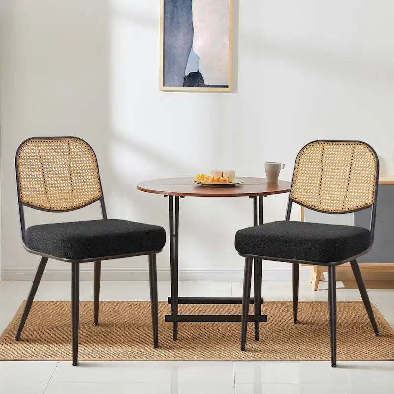White / Black / Green Armless Dining Chair, Rattan Back & Boucle Seat, Set of 2 / 4 / 6