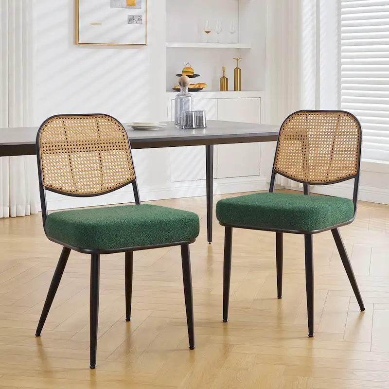 White / Black / Green Armless Dining Chair, Rattan Back & Boucle Seat, Set of 2 / 4 / 6
