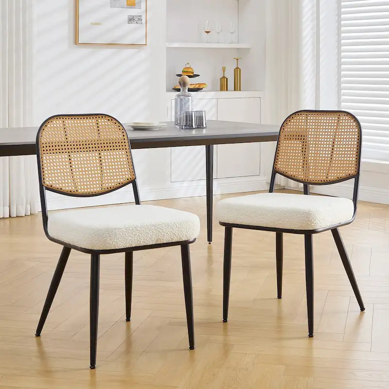 White / Black / Green Armless Dining Chair, Rattan Back & Boucle Seat, Set of 2 / 4 / 6