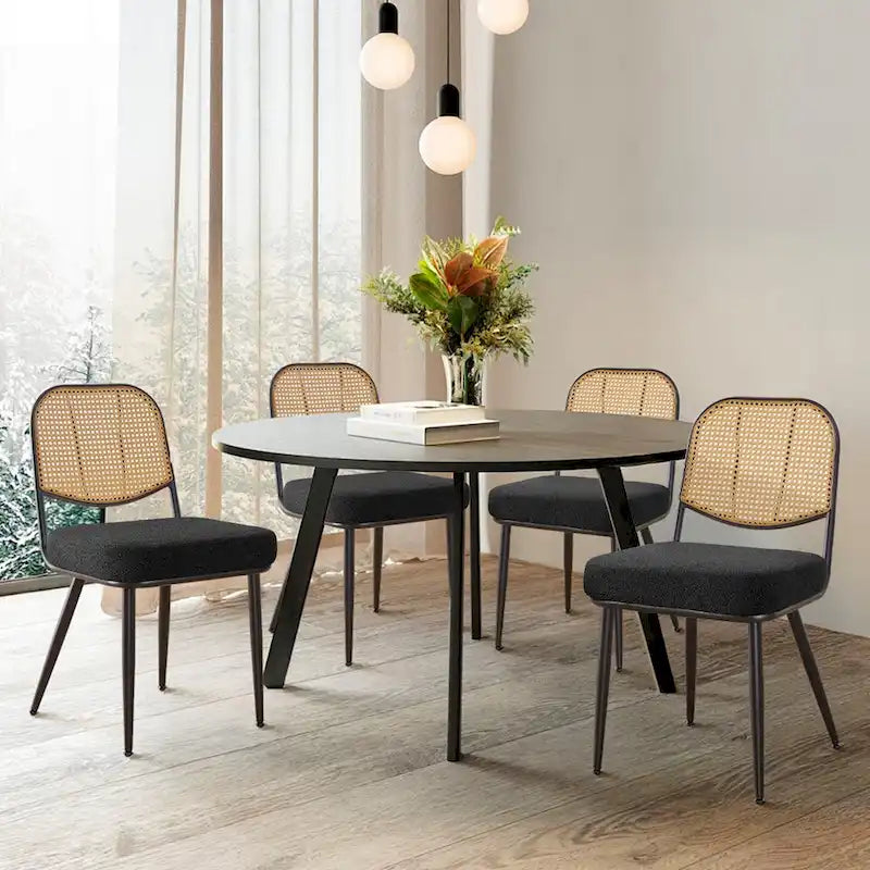 White / Black / Green Armless Dining Chair, Rattan Back & Boucle Seat, Set of 2 / 4 / 6