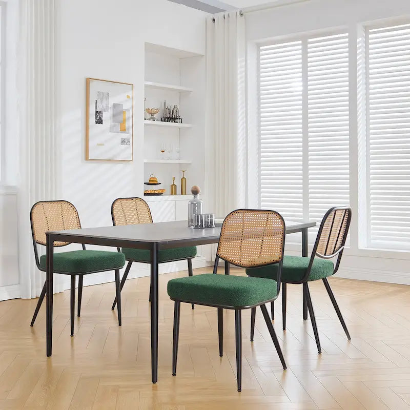 White / Black / Green Armless Dining Chair, Rattan Back & Boucle Seat, Set of 2 / 4 / 6