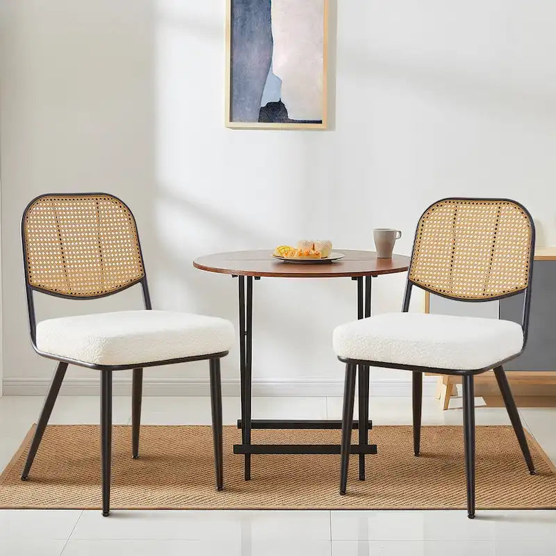 White / Black / Green Armless Dining Chair, Rattan Back & Boucle Seat, Set of 2 / 4 / 6