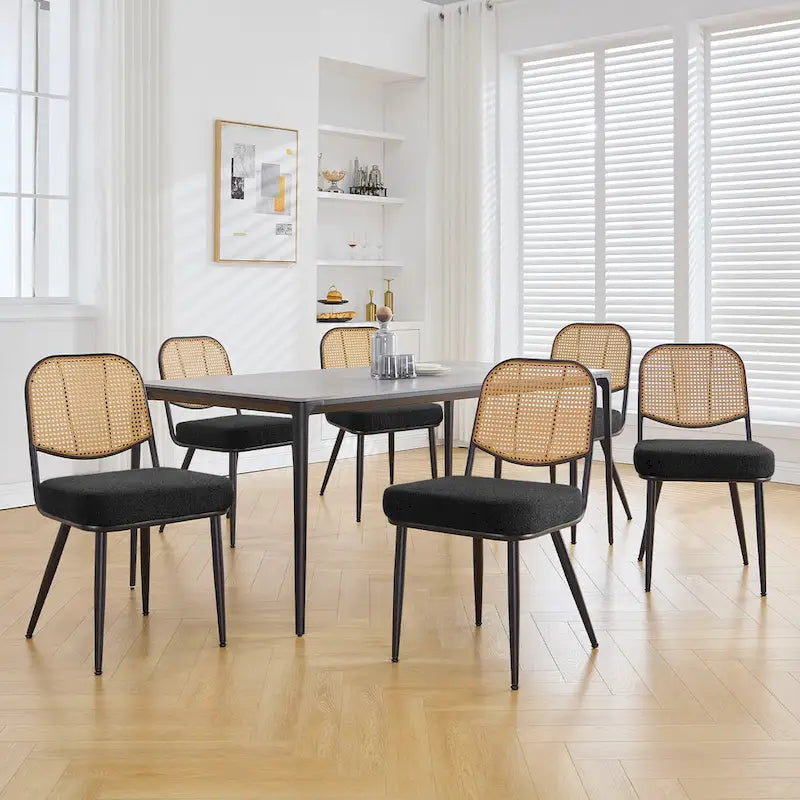 White / Black / Green Armless Dining Chair, Rattan Back & Boucle Seat, Set of 2 / 4 / 6