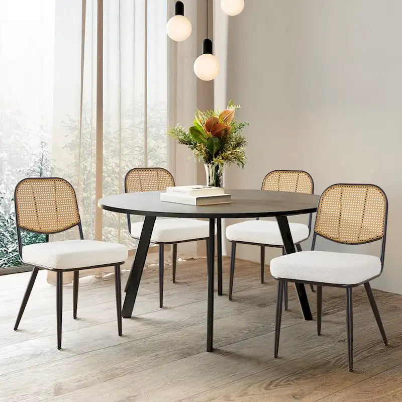 White / Black / Green Armless Dining Chair, Rattan Back & Boucle Seat, Set of 2 / 4 / 6