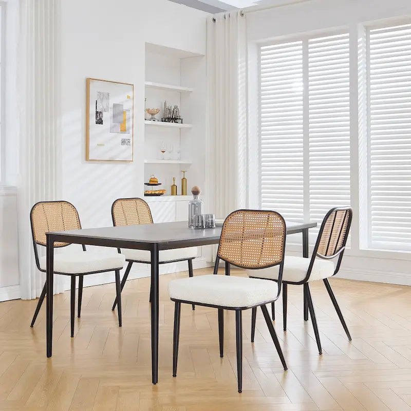 White / Black / Green Armless Dining Chair, Rattan Back & Boucle Seat, Set of 2 / 4 / 6