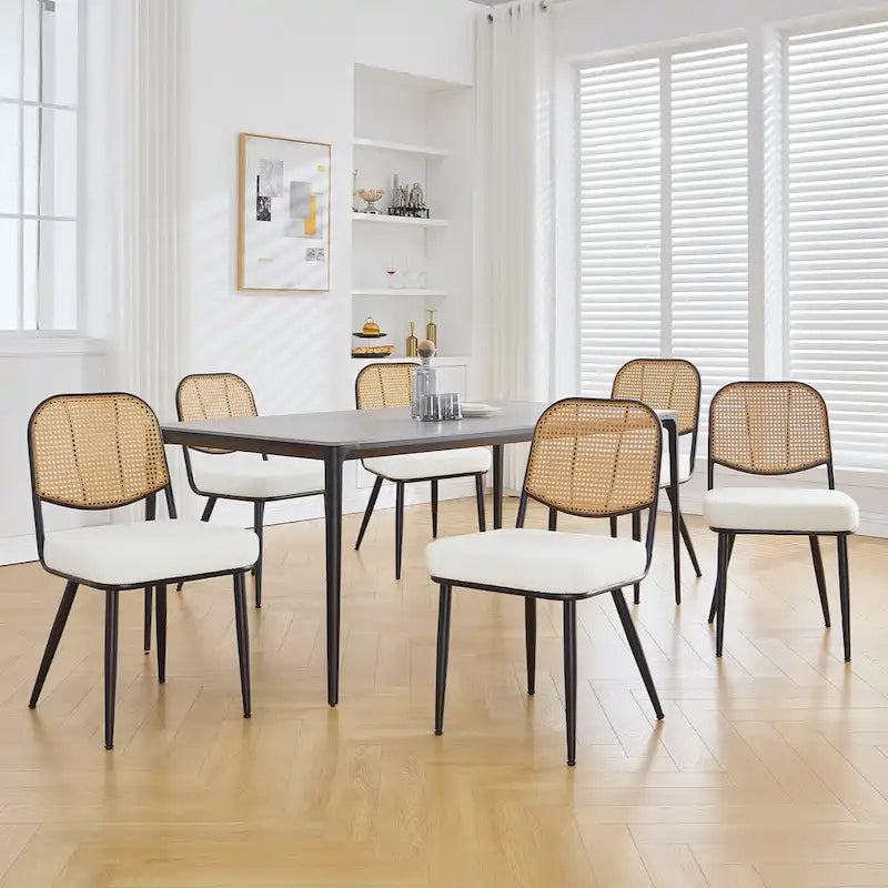 White / Black / Green Armless Dining Chair, Rattan Back & Boucle Seat, Set of 2 / 4 / 6