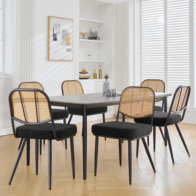 White / Black / Green Armless Dining Chair, Rattan Back & Boucle Seat, Set of 2 / 4 / 6