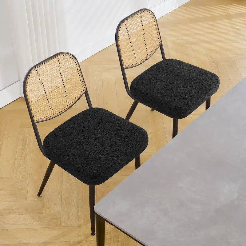 White / Black / Green Armless Dining Chair, Rattan Back & Boucle Seat, Set of 2 / 4 / 6