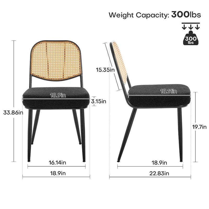 White / Black / Green Armless Dining Chair, Rattan Back & Boucle Seat, Set of 2 / 4 / 6