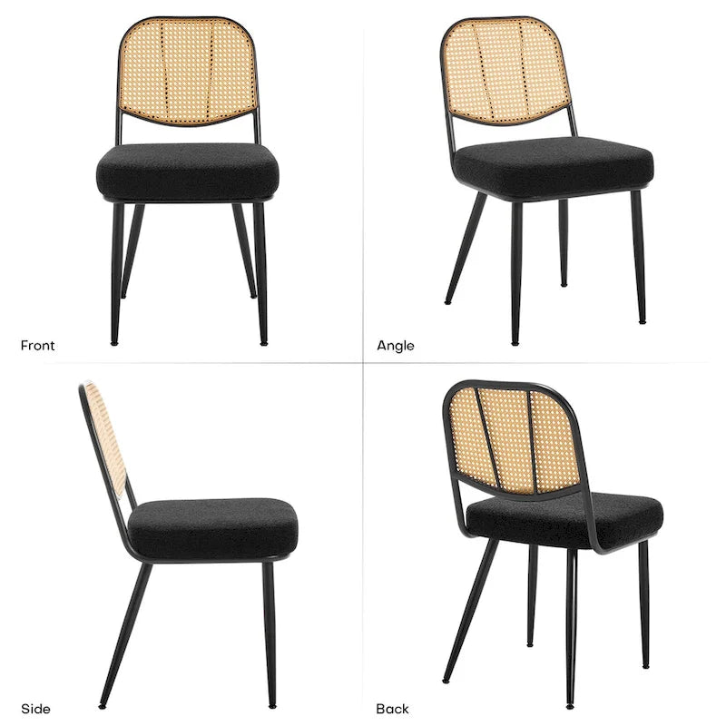 White / Black / Green Armless Dining Chair, Rattan Back & Boucle Seat, Set of 2 / 4 / 6