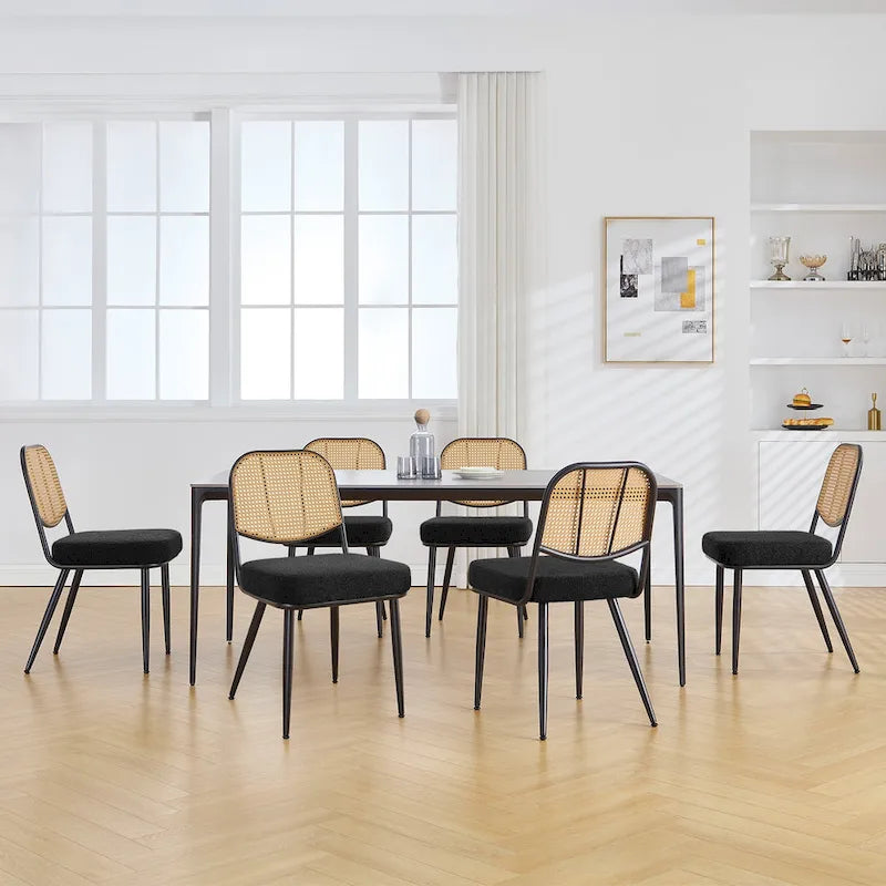 White / Black / Green Armless Dining Chair, Rattan Back & Boucle Seat, Set of 2 / 4 / 6