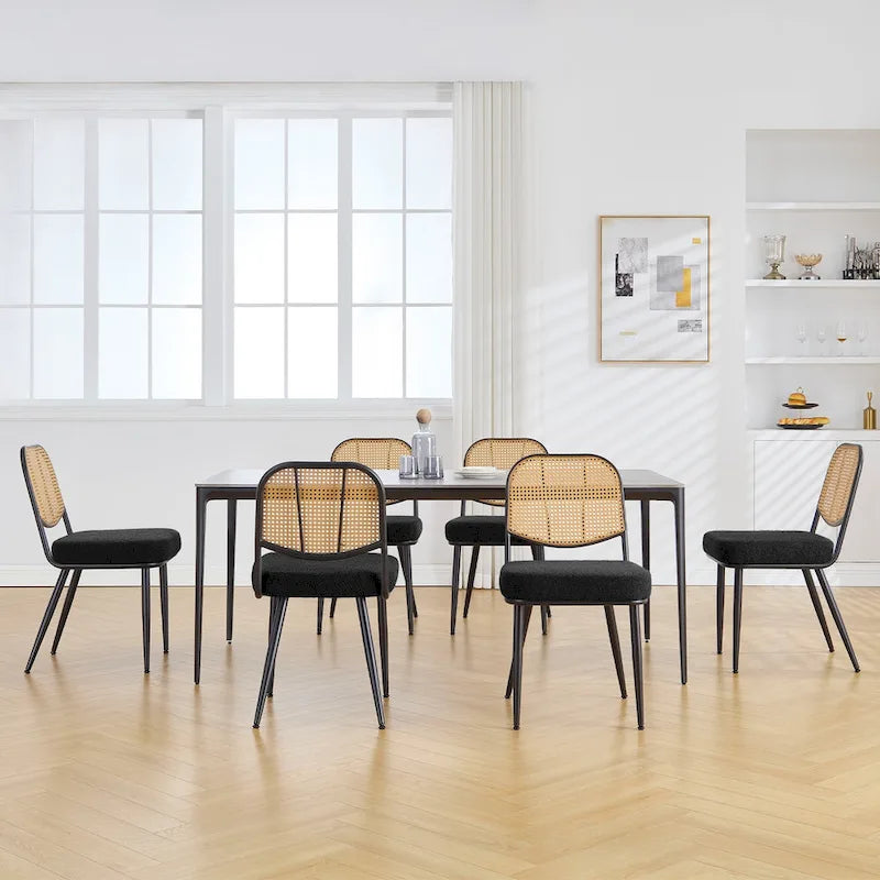 White / Black / Green Armless Dining Chair, Rattan Back & Boucle Seat, Set of 2 / 4 / 6