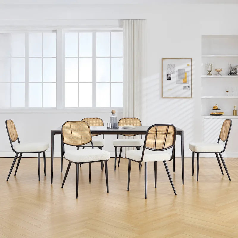White / Black / Green Armless Dining Chair, Rattan Back & Boucle Seat, Set of 2 / 4 / 6