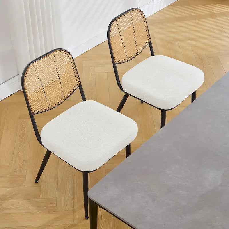 White / Black / Green Armless Dining Chair, Rattan Back & Boucle Seat, Set of 2 / 4 / 6