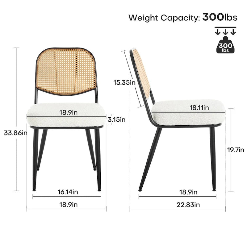 White / Black / Green Armless Dining Chair, Rattan Back & Boucle Seat, Set of 2 / 4 / 6