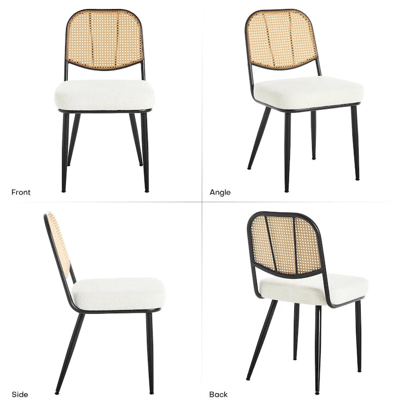 White / Black / Green Armless Dining Chair, Rattan Back & Boucle Seat, Set of 2 / 4 / 6
